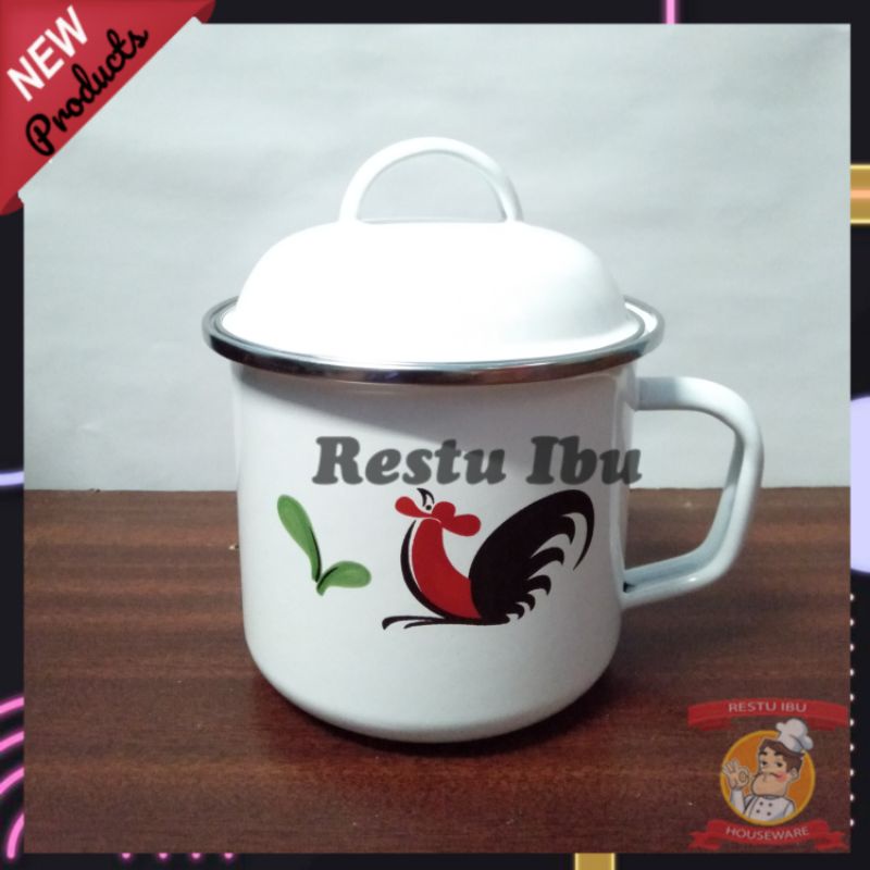 Mug enamel  model ayam jago kukuruyuk 12 cm Mug with Cover Enamel 12 cm model ayam jago ( kukuruyuk 