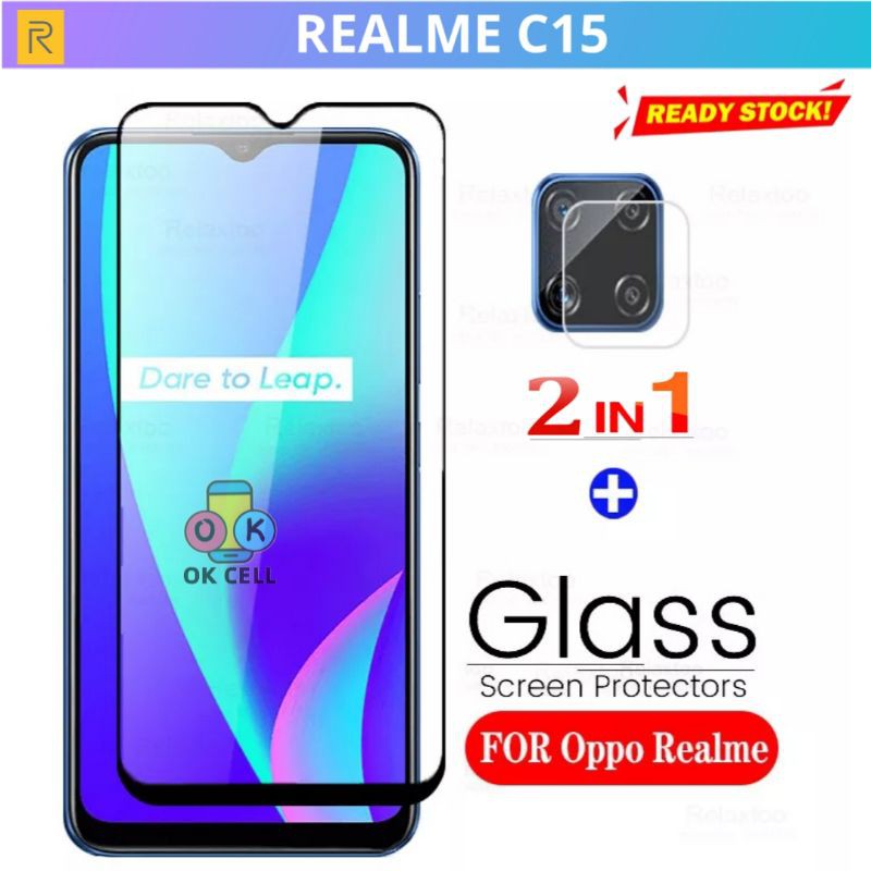 2in1 - Tempered Glass Layar Kamera Realme C15 - TG Anti Gores Layar Camera Realmi C15  Full Screen