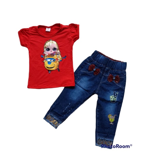 stelan anak perempuan motif kartun lucu lucu Random stelan kaos &amp; jeans anak atasan bawahan anak anak mutah