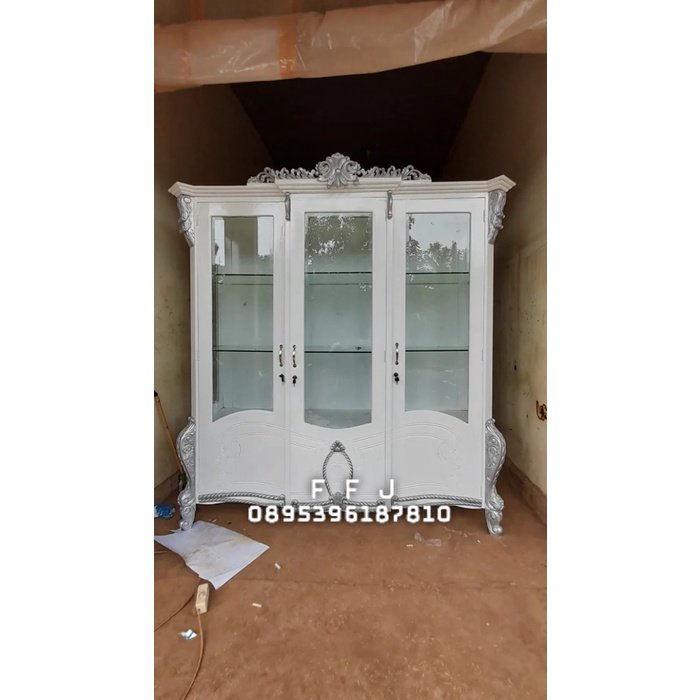 lemari hias pajangan - lemari hias kaca 3pintu cat duco putih