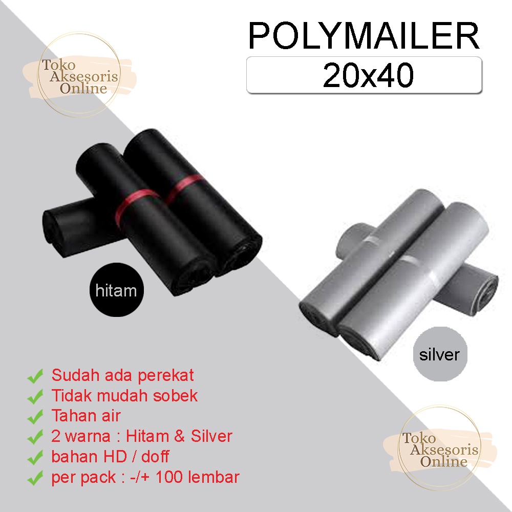 TAO Plastik Packing Polymailer Olshop HD Hitam Silver dengan Perekar per Pack 20x40