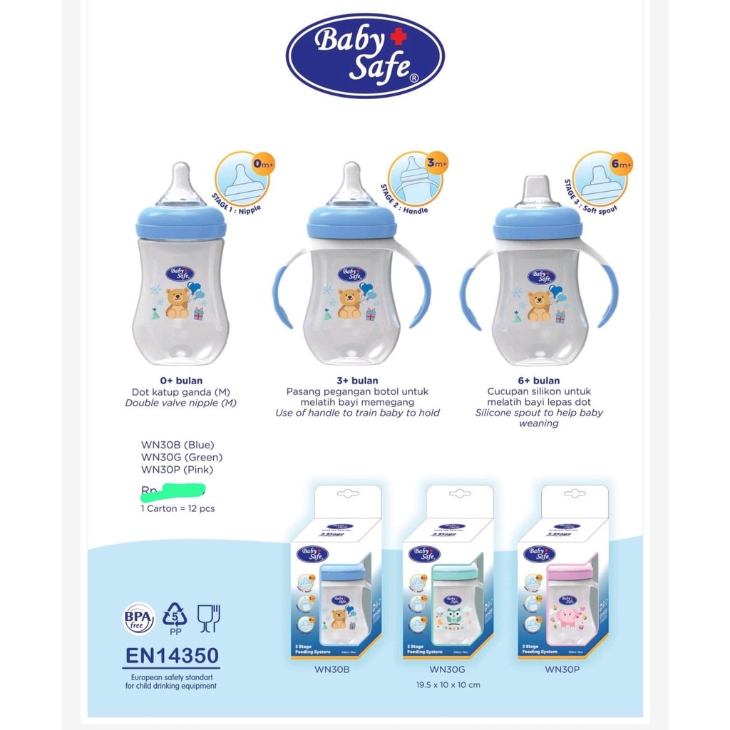 Baby Safe 3 Stage Feeding System With Handle Botol Susu Motif 250ml WN30