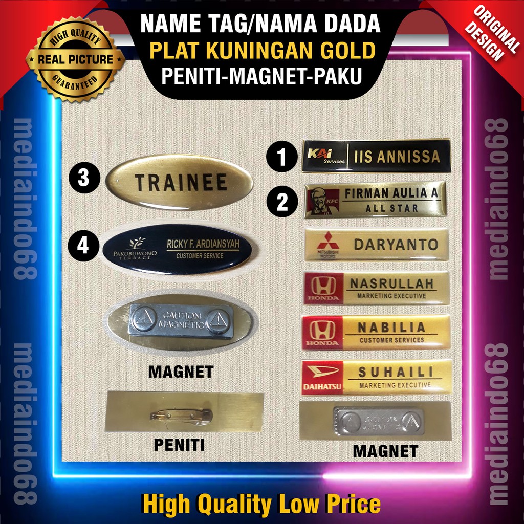 

Name Tag /Nama Dada/Papan Nama Kuningan-Custom Satuan-Proses Cepat