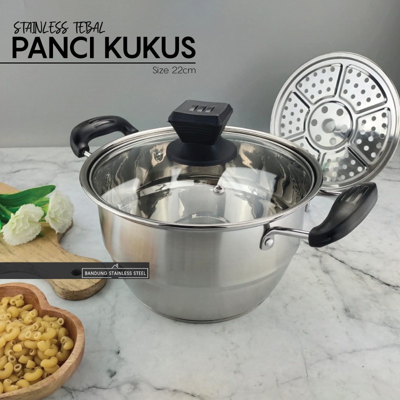 Panci Kukus 22cm Pegangan Kuping Plastik Soup Pot Steamer Stainless Tebal Tinggi Murah