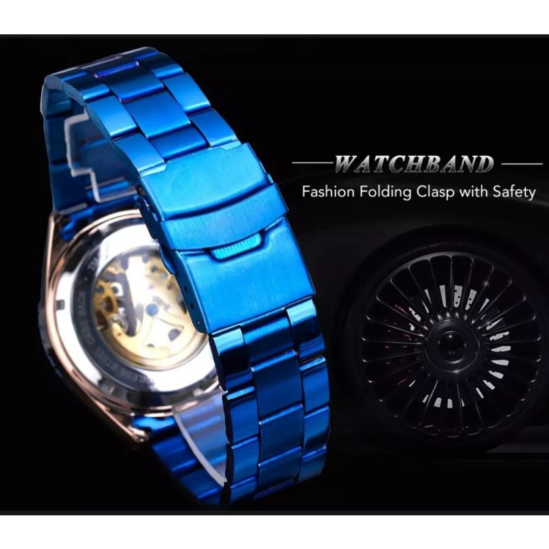 Jam Tangan Pria Original Automatic Forsining Sporty Luxury Skeleton Bisnis Blue