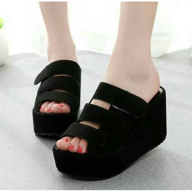wedges prepet hitam, sepatu sandal pesta & santai wanita