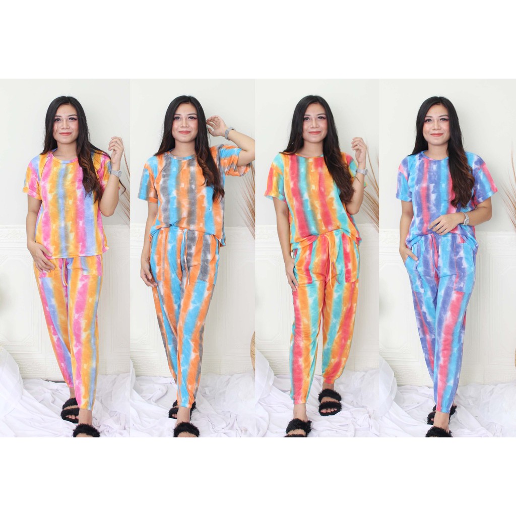Piyama Baju Tidur Stelan Tie Dye Die Tie-dye Kelly kaos wanita (OKHI)