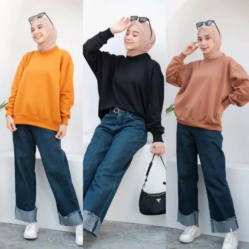 Basic Sweater Crewneck Polos 30 Pilihan Warna II Sweater Sweatshirt Korean Style Bahan Fleece Sz M-Xl (Pria dan Wanita Dewasa &amp; Anak )