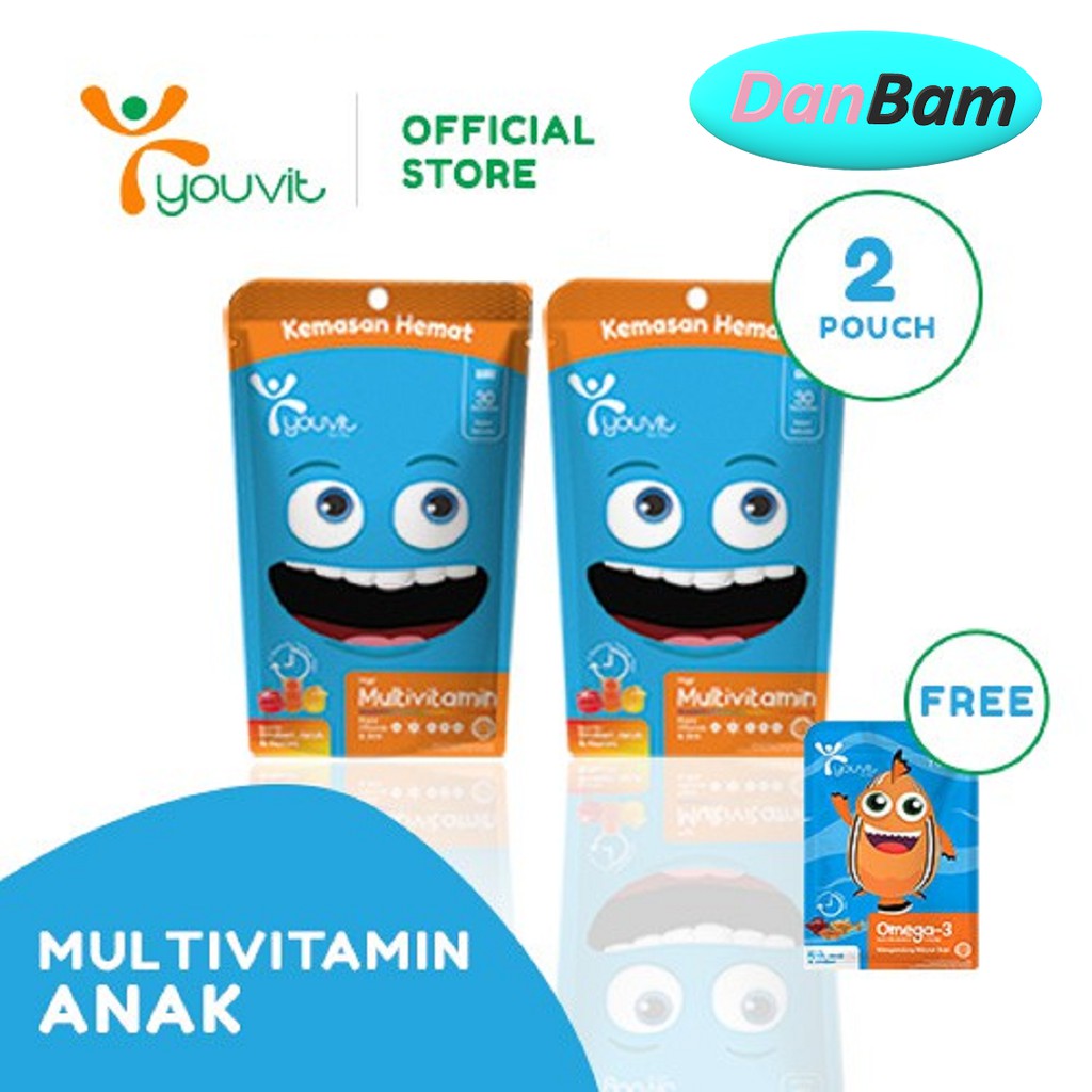 Youvit Multivitamin Gummy Anak 2 Pouch isi 60 Gummy + Free sample Omega-3 Kids 7D sachet