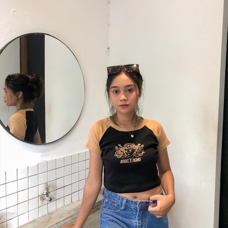 BEFAST - ZEC OOTD Wanita Kaos Crop AIME / Crop Tee Angel Tears | Crop Top Raglan (LD 88, P 45) / Atasan Crop Wanita / Kaos Kekiniaan Remaja Wanita / Crop Top Viral / Tshirt Lengan pendek / Terbaru 2022 / Kaos Crop Top Ala Korean Style