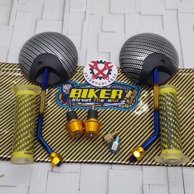 spion bulat Scoopy Carbon twotone+kulit jok biker+handgrip Carbon+Jalu stang universal motor Honda