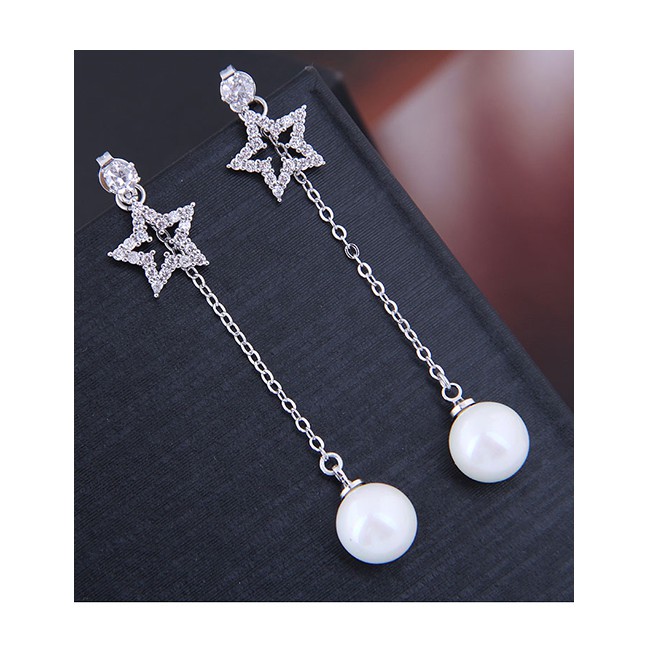 LRC Anting Tusuk Fashion Silver 925 Silver Needle Zirconium Pentagonal Pearl Stud Earrings A59471