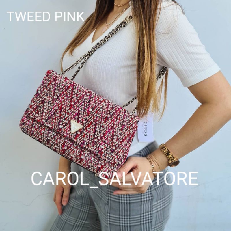 (WODB) Tas cessily tweed black tweed pink tweed pink rajut convertible selempang dan shoulder bag. gs gb tweed rajut sintetis