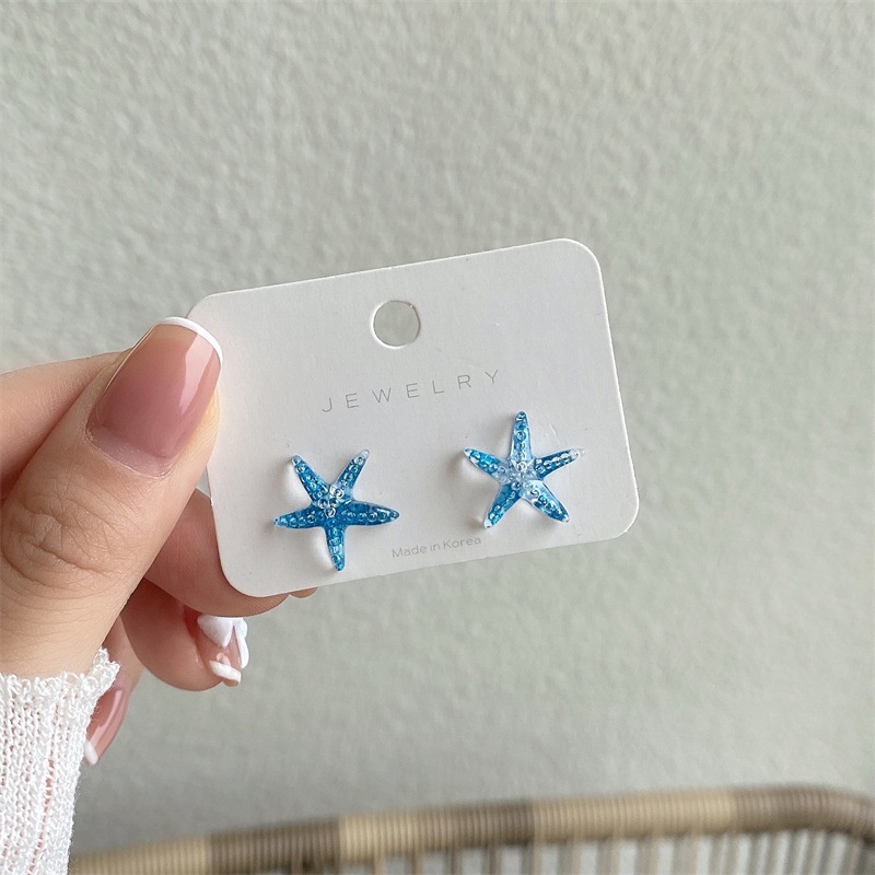 Korea Blue Starfish Earrings Female Small Shiny Earring