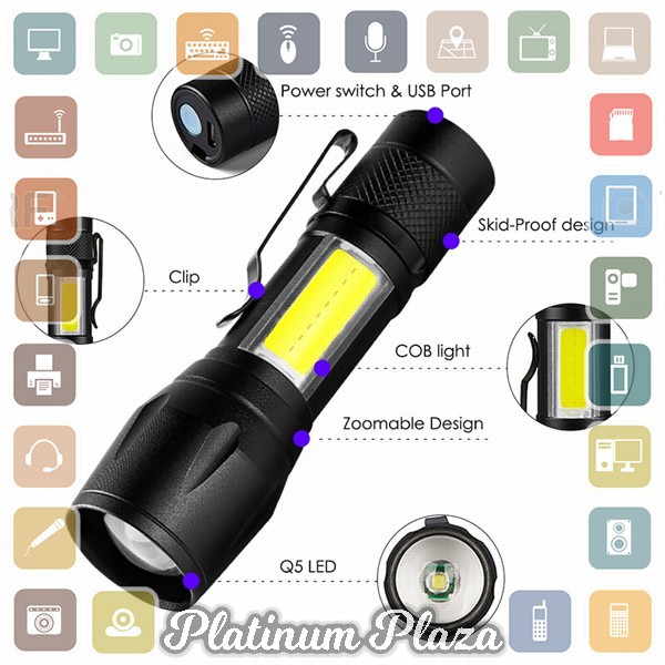 TaffLED Senter LED Mini Q5 + COB 300 Lumens with Battery - 7098 - Black`2A6RQ2-