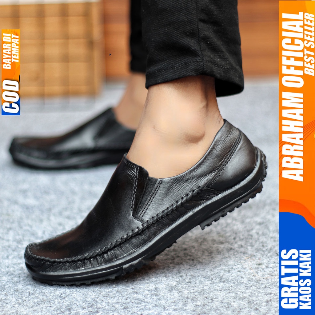 Sepatu Casual Pria Formal Slip On Pantofel Kulit Asli Kerja Kantor Kondangan Kuliah Hitam Fashion Shoes Terbaru Murah Kekinian Original RODAS ABRAHAM