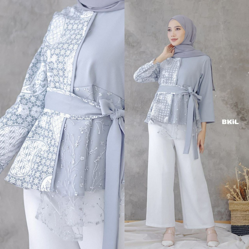 tey-17 Batik wanita ASJ SA HRB026 Kenongo Kemeja Tosca Pendek-Tile Abu