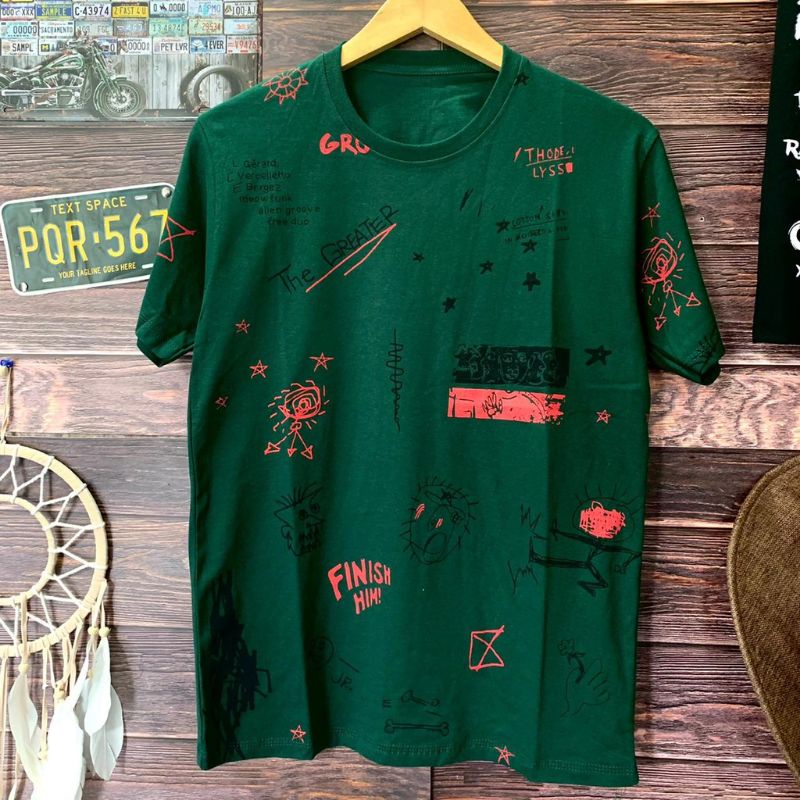 kaos distro pria green leaf printing kaos motif full printing