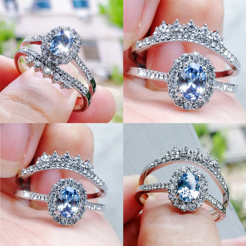 2pcs / Set Cincin Silver Hias Berlian Zirkon Oval Warna Biru Danau Untuk Wanita