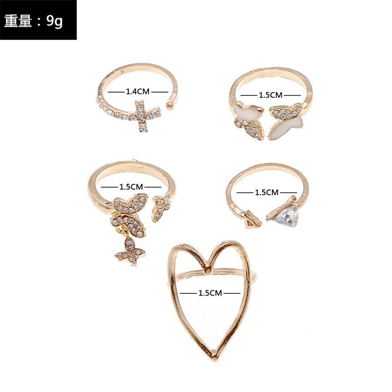 5pcs / Set Cincin Desain Kupu-Kupu Hati Segitiga Hollow Aksen Berlian Penuh Untuk Aksesoris Wanita Butterfly