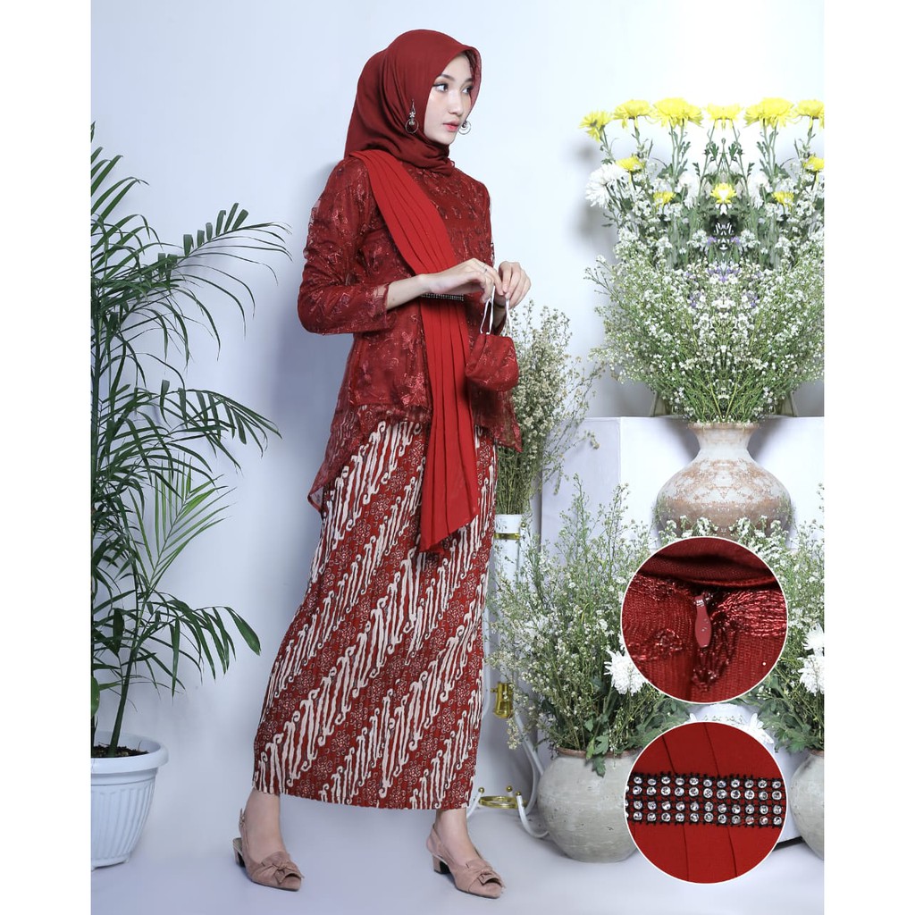 set kebaya aurora selendang termurah Kebaya /Kebaya tulle/Kebaya Wisuda /Baju Kebaya /Kebaya Moder-set maron