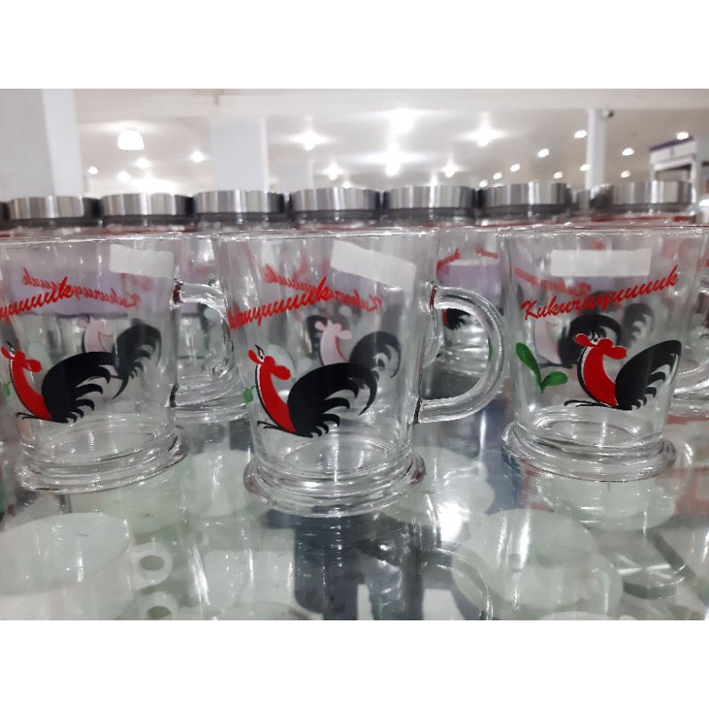 ♡ Gelas Motif Ayam Jago ♡ Gelas Bening Kaca  Kukuruyuk