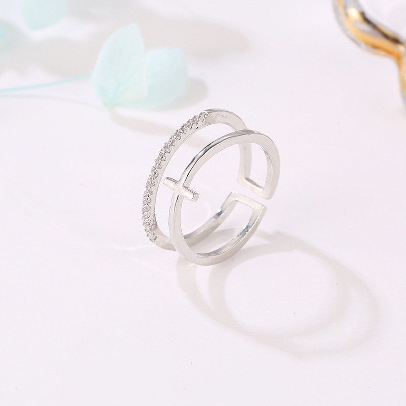 Cincin Adjustable Cincin salib emas mawar baru bertatahkan hias Cincin multi-layer sederhana