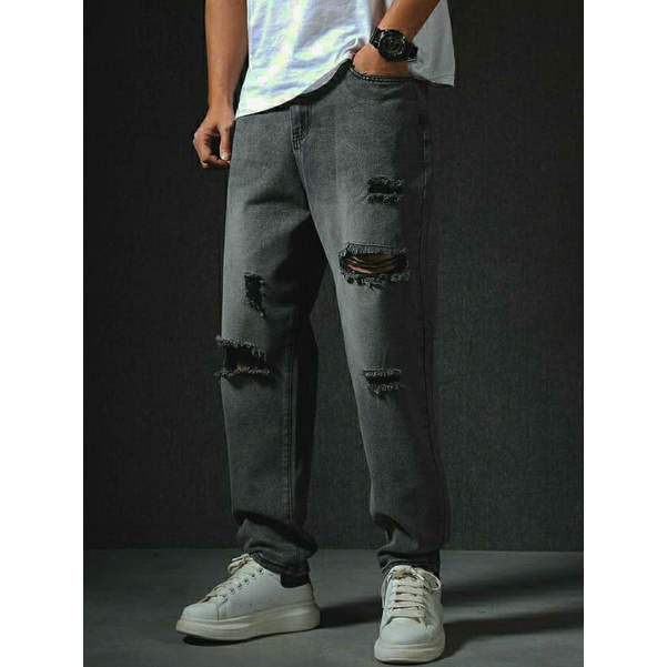 CELANA SOBEK PRIA RIPPED JEANS STANDAR REGULER BASIC ABU GREY PREMIUM COD 27-38