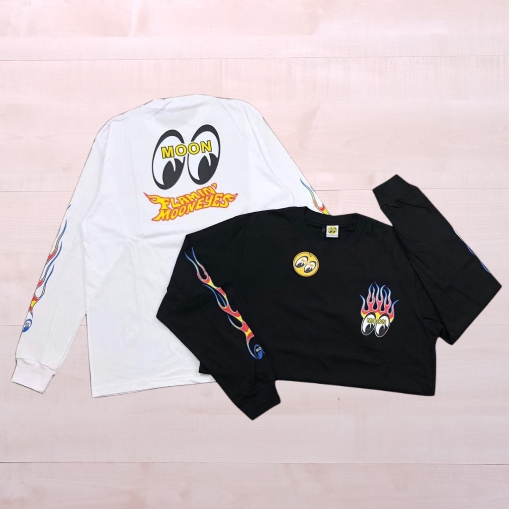 KAOS T SHIRT DAN LONGSLEEVE MOONEYES FLAMMIN TEE BLACK AND WHITE