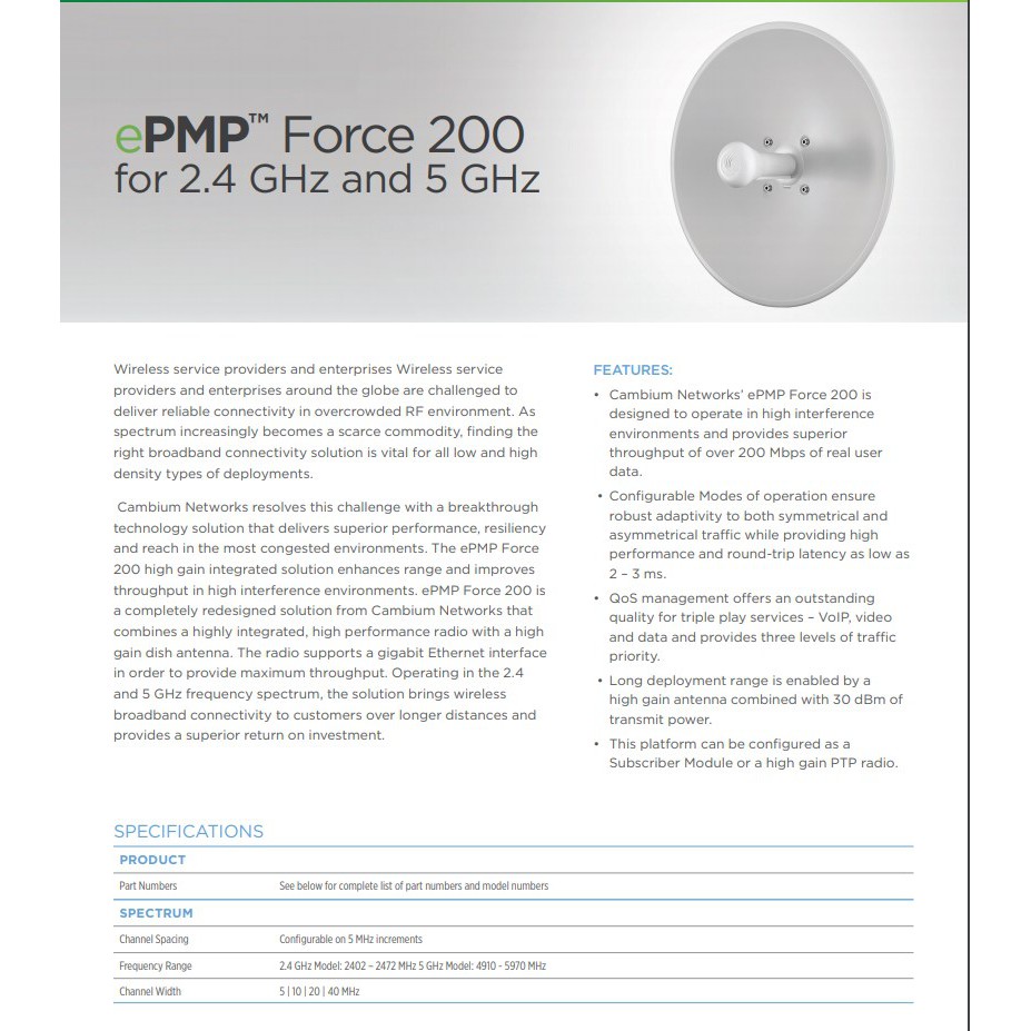 PTP - 2Unit - Cambium EPMP 5 GHz Force 200 AR5-25 High Gain Radi