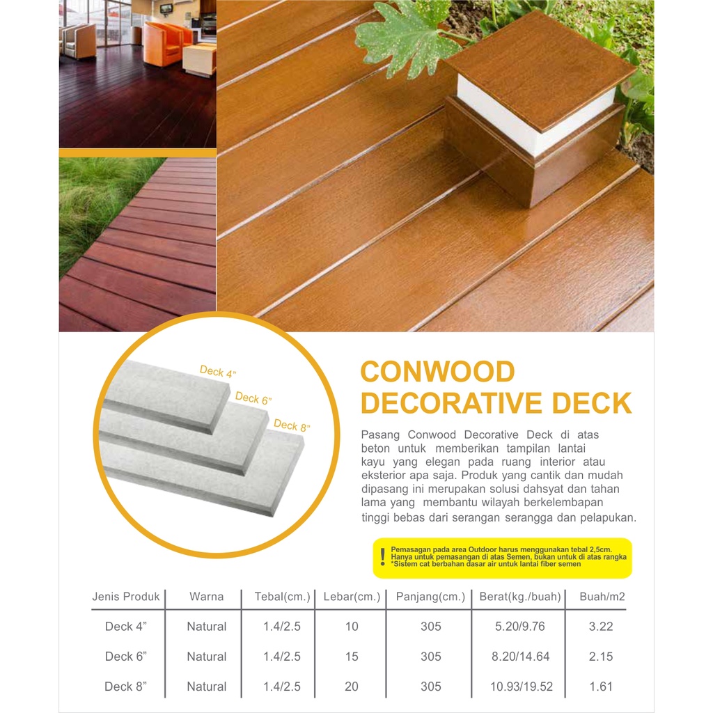 Conwood Decorative Deck 4&quot; 6&quot; 8&quot; Plank Dekorasi Lantai Floor Fiber Cement Tekstur Kayu 10cm 15cm 20cm