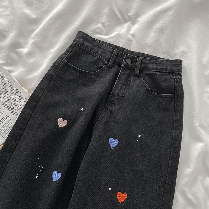 Korean Style Love Bordir  Highwaist Kulot Loose Celana Jeans Panjang Wanita【Love like a star】(Realpict)