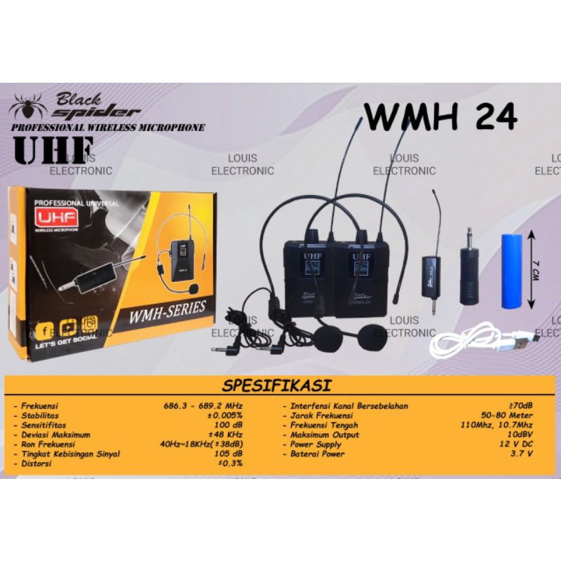 Mic Jepit Wireless Black Spider WMH 24 UHF Microphone Jepit wireless Headset