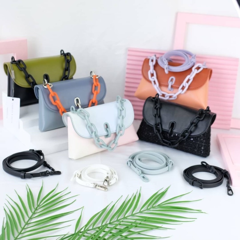 Tas Kulit Selempang Wanita CK Leather Chain Slingbag Premium Import Hitam Black Hijau Green Biru Blu