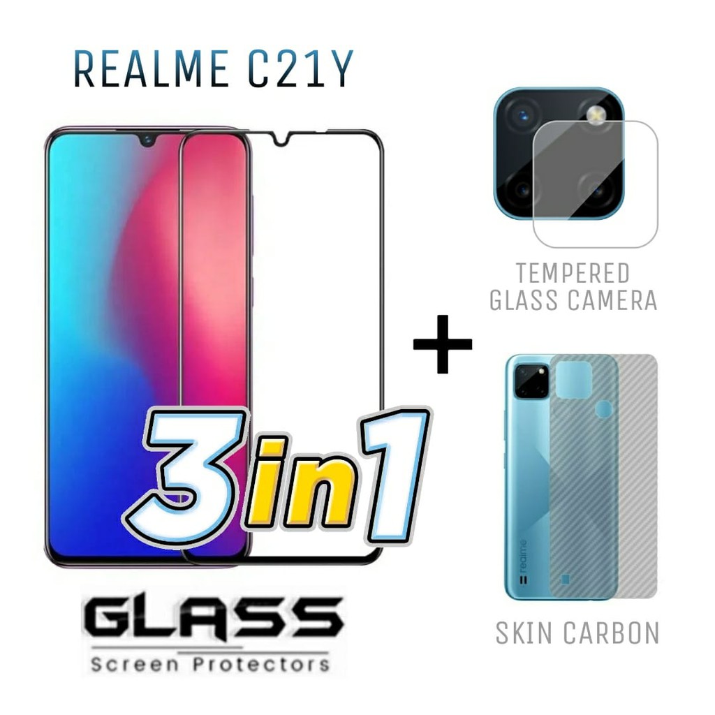 Tempered Glass Layar REALME C21Y Free Tempered Glass Camera dan Skin Carbon Back Handphone