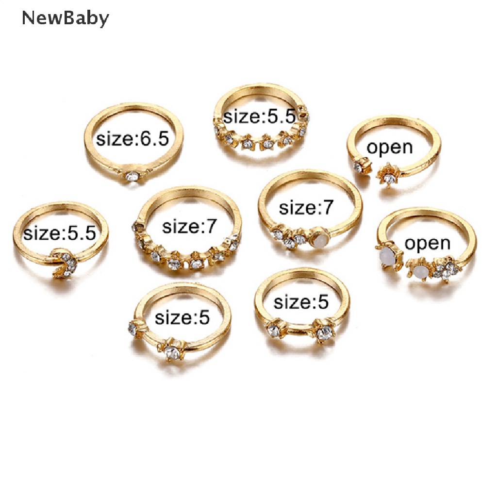 9pcs / Set Cincin Jari Desain Bulan Bintang Aksen Kristal Gaya Vintage Boho Untuk Wanita