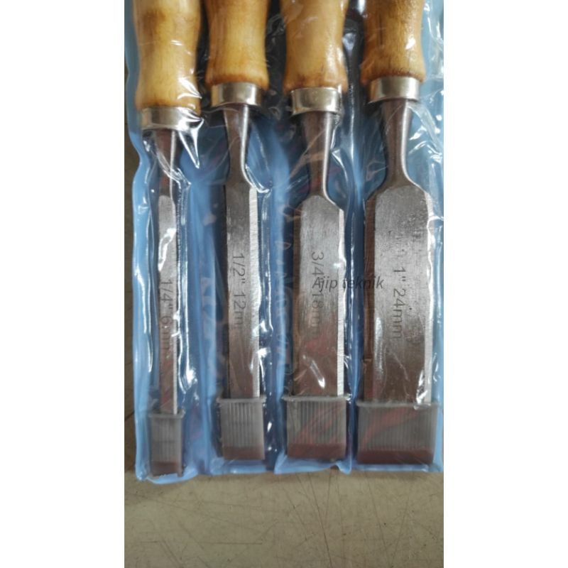 Pahat kayu set asli 4pcs ( 1/4&quot; , 1/2&quot; ,  3/4&quot; &amp; 1&quot; ) gagang plastik/kayu murah