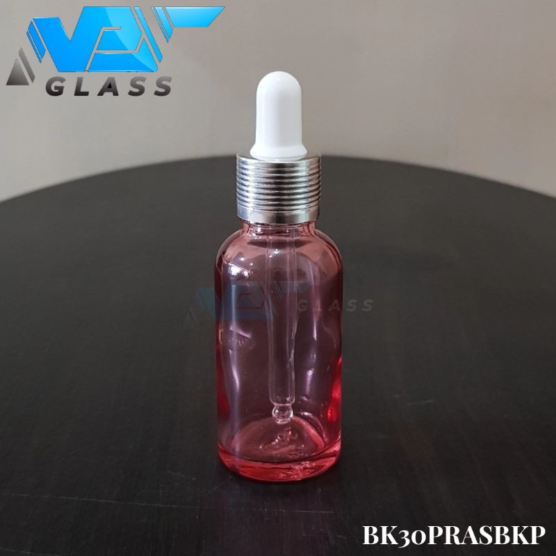 botol kaca pipet 30ml tebal pink bening - ring almunium silver bergaris