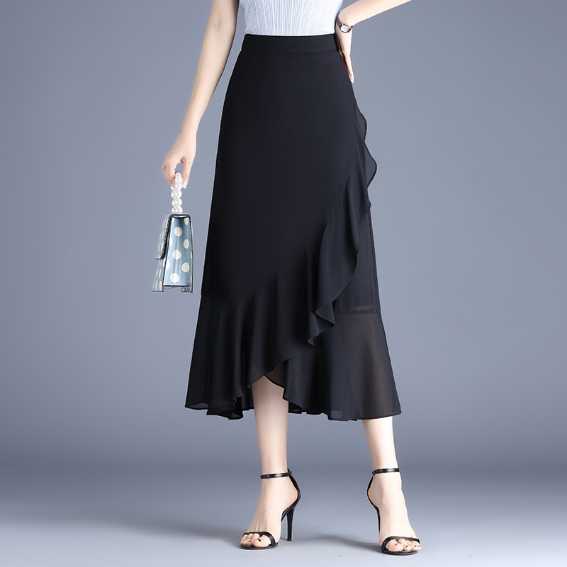 Rok Wanita SIFON Rok Setengah Badan A-Line Hitam Rok Ekor Ikan Terlihat Ramping Pinggang Tinggi