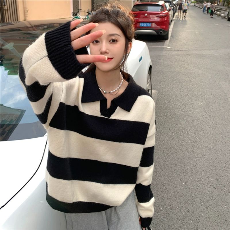 Tasha Polo Blouse Knit Import Striped - Blouse Rajut Kerah Polo Salur Tangan Panjang TM (8K31)