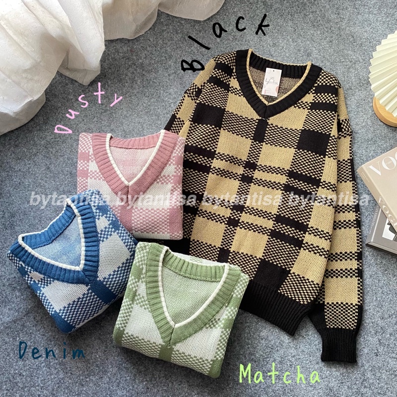 SWEATER RAJUT V NECK LIDYA SQUARE GARIS | BLOUSE RAJUT