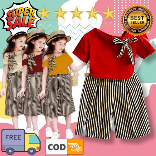 VISION ONLINE [GRATIS ONGKIR BISA COD] SETELAN MONICA  ANAK PEREMPUAN BAJU BAYI ANAK CEWE PEREMPUAN KAOS ATASAN BAYI PEREMPUAN 12 BULAN/BAJU LENGAN PENDEK DAN CELANA KULOT PANJANG ANAK PEREMPUAN 1 2 3 4 5 TAHUN KOREA MURAH LUCU IMPORT TERBARU