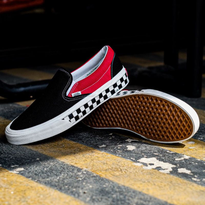 #saleenak Vans Slip On BMX Checkerboard Black Red Original