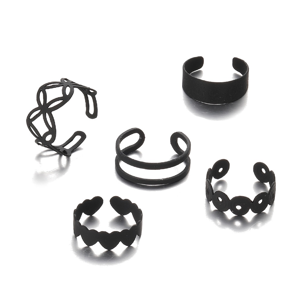 5pcs / Set Cincin Model Terbuka Desain Silang Hollow Warna Hitam Matte Untuk Wanita