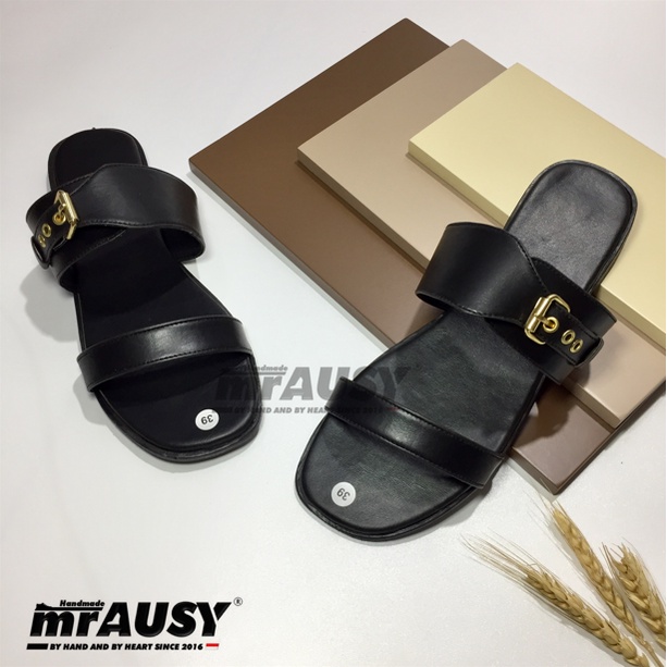 Sandal Wanita Teplek Flat Selop mrAUSY Strap 2 Gesper 1 sabuk