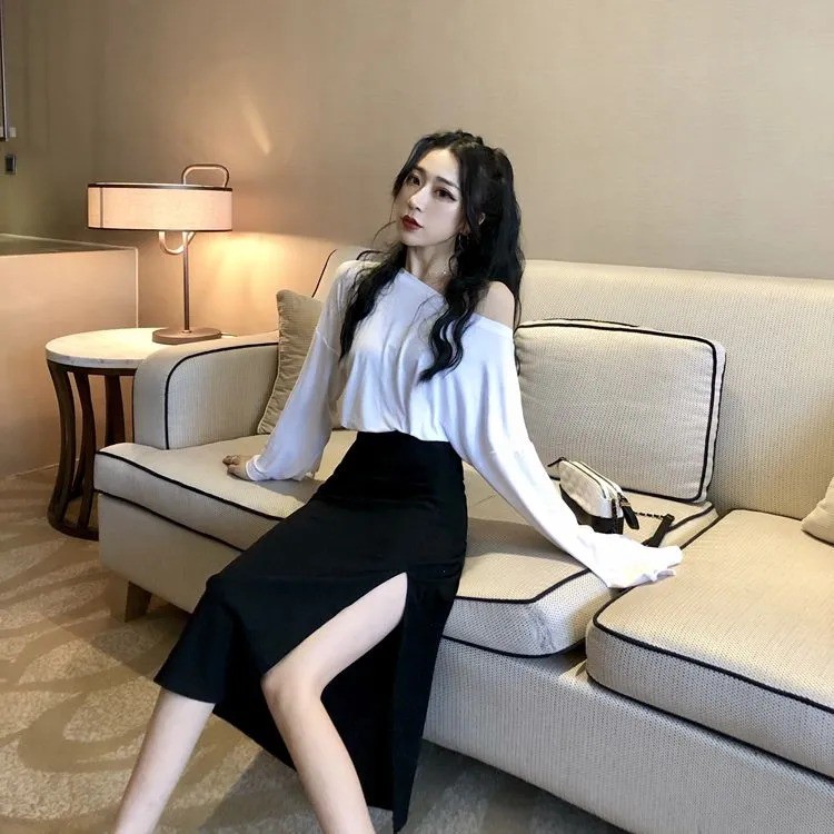 Korean Midi Skirt Plain Split Rok Belah Hitam Polos 1265 (S/M/L)-1