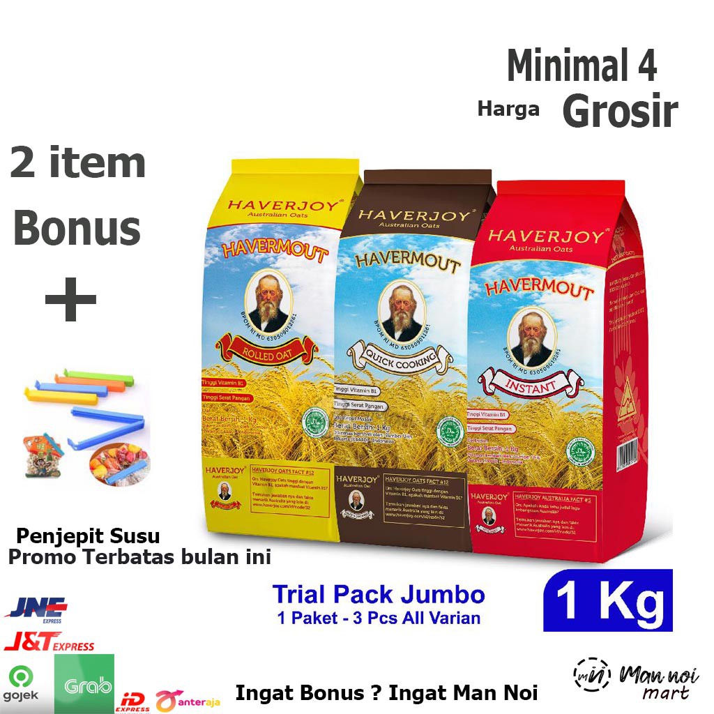 

Havermout Haverjoy 1 KG FREE pencepit snack.Man Noi. Tangerang