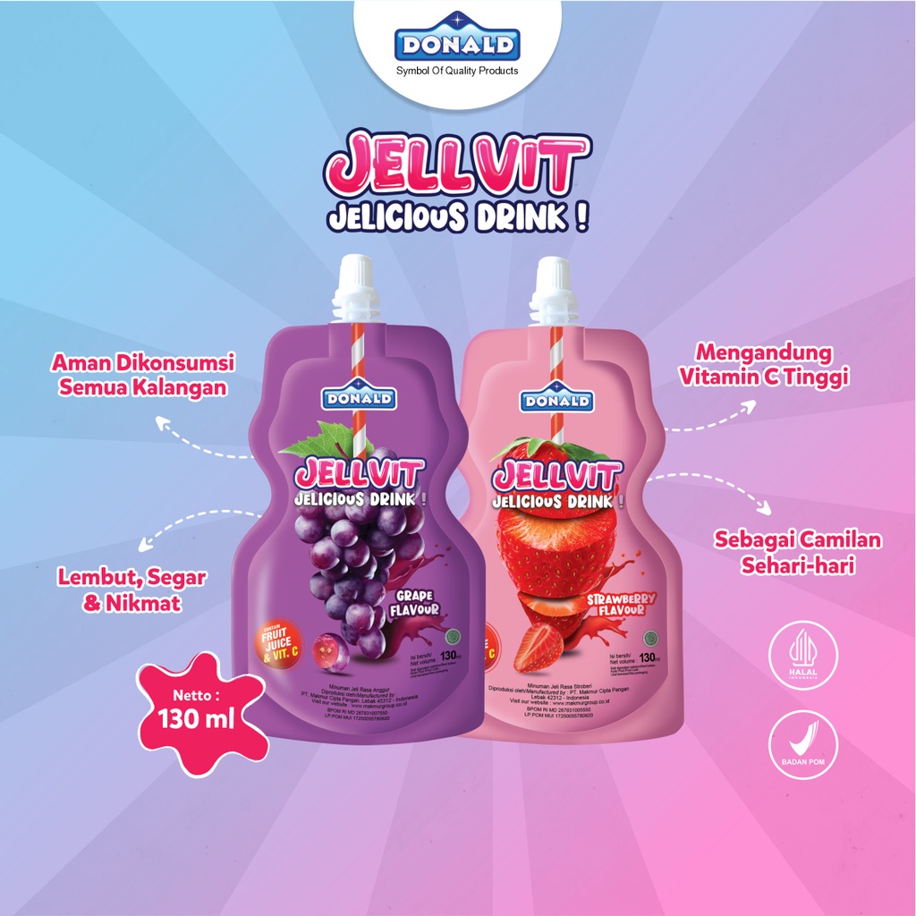 

Donald Jelly Vit Jelicious Drink Fruit Juice Vit C Minuman Jelly Rasa Buah Lembut Segar Kenyang Nikmat 130 ml