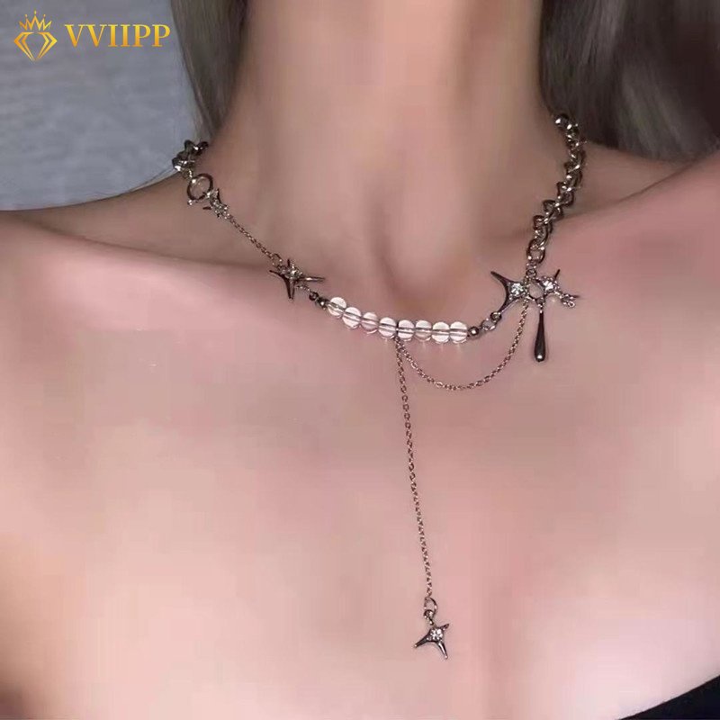 Kalung Choker Rantai Rumbai Manik-Manik Kristal Bintang Empat Sudut Warna Silver Untuk Wanita