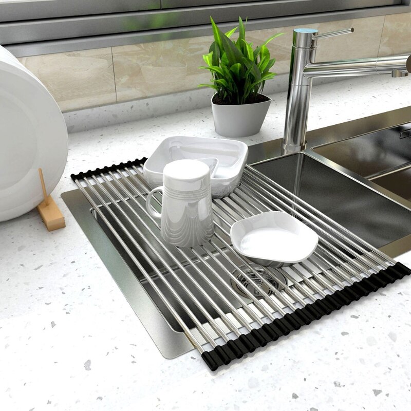 Rak Pengering Piring Gulung Multi Guna Rolling Drainer Over Sink Mat Tahan Panas Stainless Steel Dapat Dilipat Untuk Dapur